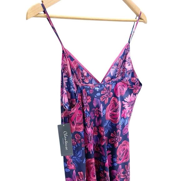 Chanteuse Intimates Pink & Purple Floral Slip Dress Maxi Silky Women’s Medium - Picture 9 of 11